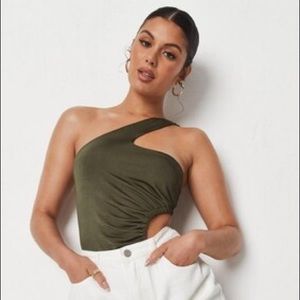 COPY - NWT Missguided Khaki One Strap Cut Out Ruched Side Slinky Bodysuit
